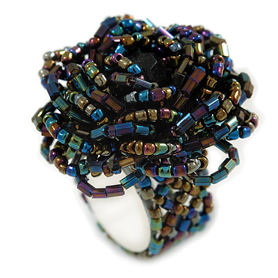 Peacock Coloured Glass Bead Flower Stretch Ring
