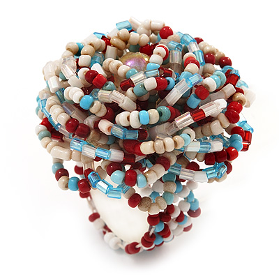 Large Multicoloured Glass Bead Flower Stretch Ring (White, Light Blue & Red) - main view