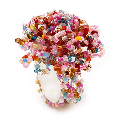 Multicoloured Glass Bead Flower Stretch Ring (Pink, Red & Light Blue)