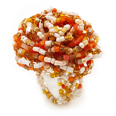 Large Multicoloured Glass Bead Flower Stretch Ring (Orange, White & Gold) - main view