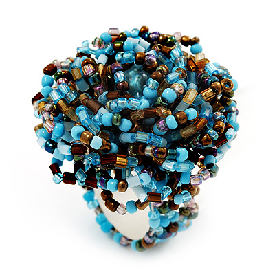 Large Multicoloured Glass Bead Flower Stretch Ring (Light Blue & Brown)