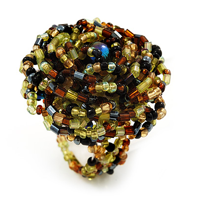 Large Multicoloured Glass Bead Flower Stretch Ring (Olive Green, Black & Brown) - main view