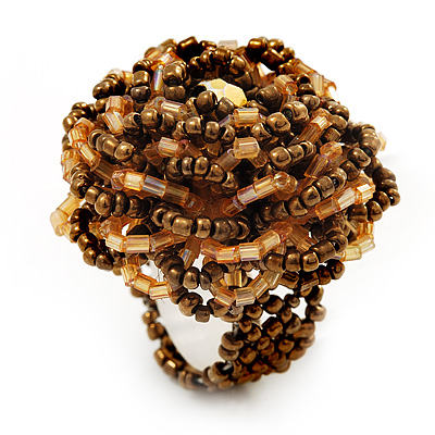 Gold/Brown Glass Bead Flower Stretch Ring - main view