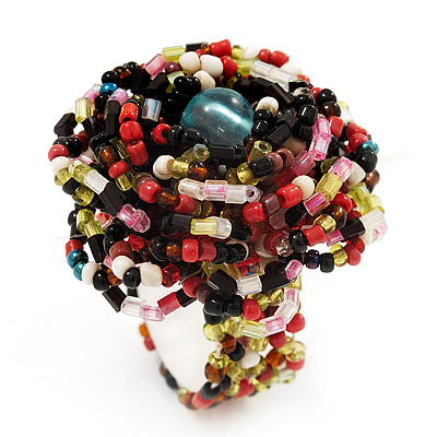 Large Multicoloured Glass Bead Flower Stretch Ring (Olive, Black, Coral & Transparent) - main view