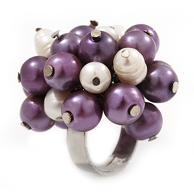 Freshwater Pearl & Bead Cluster Silver Tone Ring (Purple & Light Cream) - Adjustable