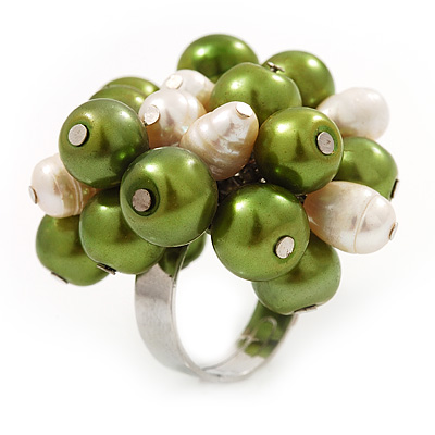 Freshwater Pearl & Bead Cluster Silver Tone Ring (Green & Light Cream) - main view