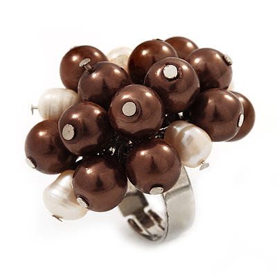 Freshwater Pearl & Bead Cluster Silver Tone Ring (Chocolate & Light Cream) - Adjustable - main view