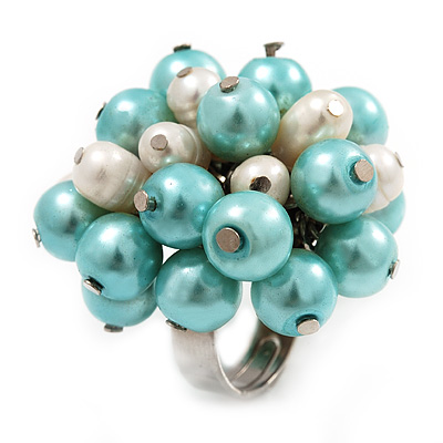 Freshwater Pearl & Bead Cluster Silver Tone Ring (Light Blue & Light Cream) - Adjustable