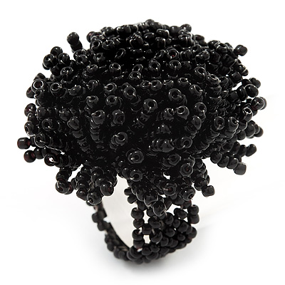 Large Black Glass Bead Flower Stretch Ring - main view