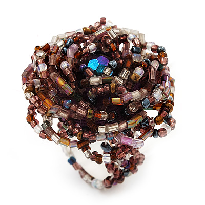 Large Multicoloured Glass Bead Flower Stretch Ring (Cappuccino Brown & Beige) - main view