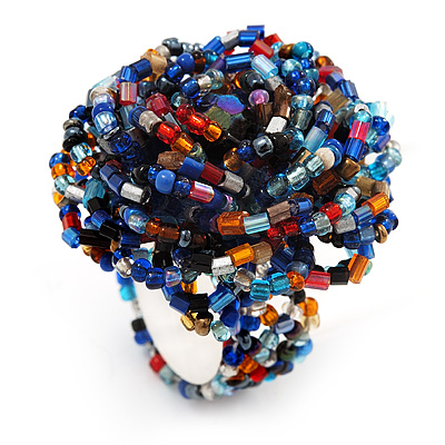 Large Multicoloured Glass Bead Flower Stretch Ring (Blue, Red, Black & Orange) - main view