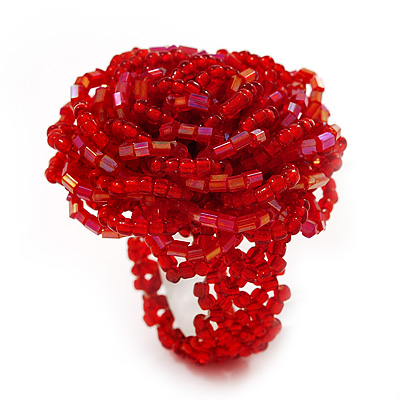 Bright Red Glass Bead Flower Stretch Ring - main view