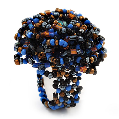 Large Multicoloured Glass Bead Flower Stretch Ring (Blue, Black & Brown) - main view