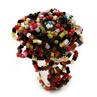 Large Multicoloured Glass Bead Flower Stretch Ring (Olive, Black, Red & White) - main view