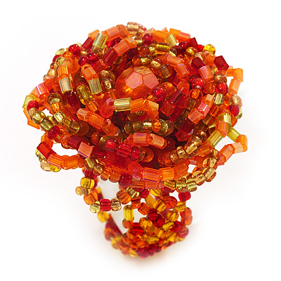 Large Multicoloured Glass Bead Flower Stretch Ring (Orange, Gold & Red) - main view