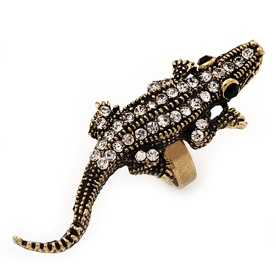 Burn Gold Diamante Crocodile Ring - Adjustable
