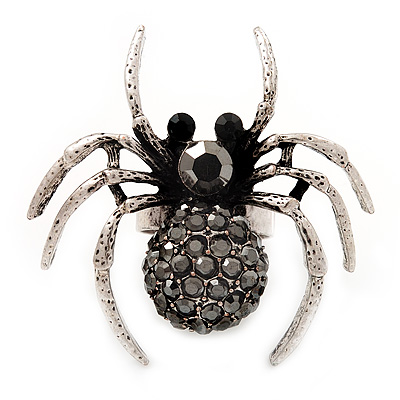 Stunning Black Crystal Spider Cocktail Ring in Burnt Silver Plating - main view