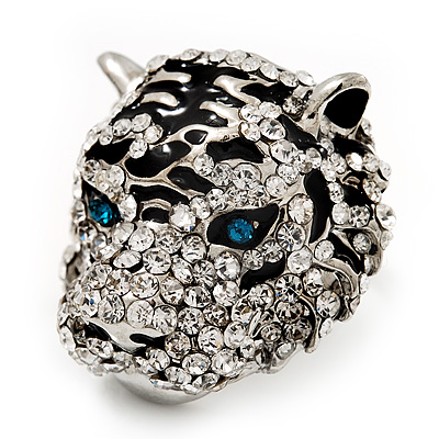 Large Diamante Tiger with Blue Eyes Ring In Rhodium Plating - Adjustable
