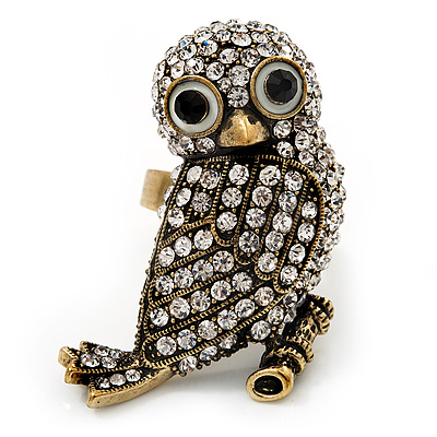 Stunning Vintage Crystal Owl Ring In Antique Gold Tone Metal - main view