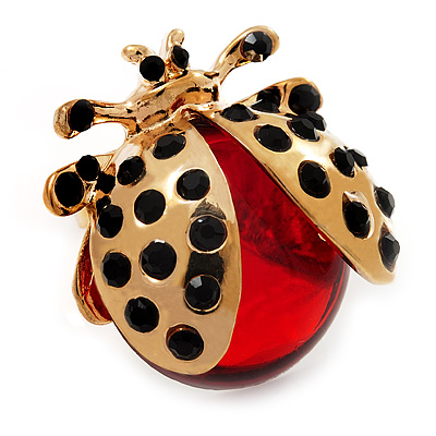 Large Crystal Ladybug Ring In Gold Plated Metal - Adjustable - main view
