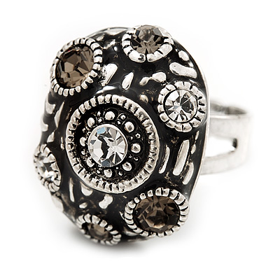 Dome Shaped Diamante Fancy Ring In Burn Silver Metal - main view