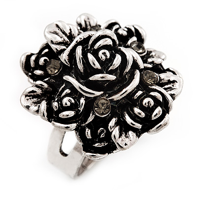 Rose Diamante Fancy Ring In Burn Silver Metal - main view
