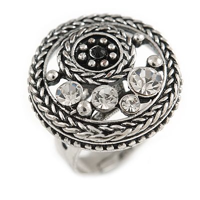 Button Shape Diamante Fancy Ring In Burn Silver Metal - main view
