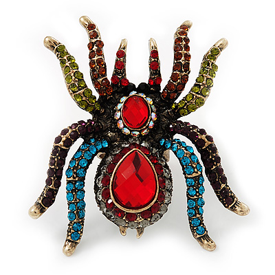 Oversized Multicoloured Crystal Spider Cocktail Ring (Antique Gold Finish) - main view