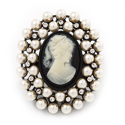 Large Simulated Pearl 'Classic Cameo' Cocktail Ring In Black Tone Metal (Adjustable) - 5.5cm Length - main view