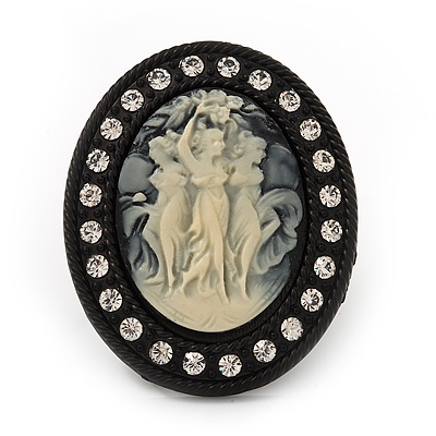 Large Simulated Pearl 'Cameo Ladies' Cocktail Ring In Black Tone Metal (Adjustable) - 5.5cm Length