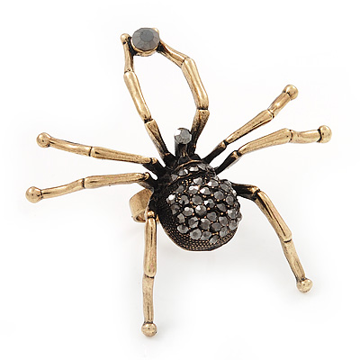 Large Black Diamante 'Spider' Ring In Antique Gold Metal - 6.5cm Diameter - Adjustable 7/9 Size