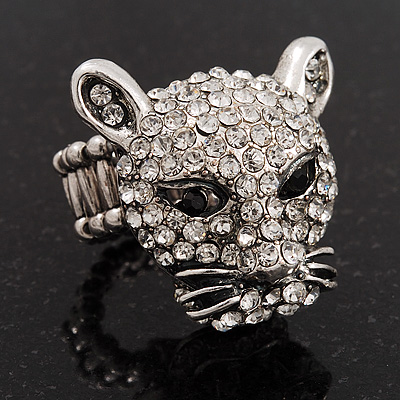 Clear Swarovski Crystal 'Leopard' Stretch Ring In Silver Plating - 7/9 Size - main view