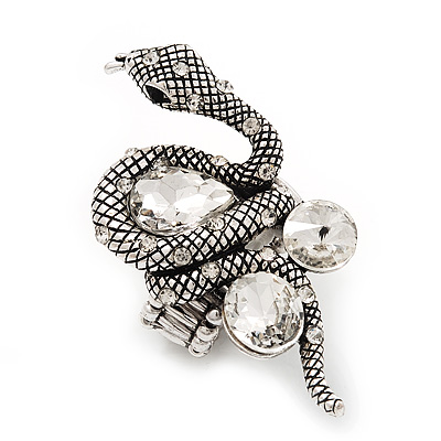 Stunning Clear Swarovski Crystal Snake Stretch Ring In Burn Silver Metal (6cm Length) - 7/9 Size