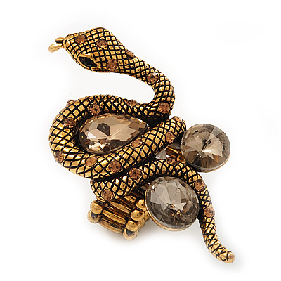 Stunning Swarovski Crystal Snake Stretch Ring In Burn Gold Metal (6cm Length)- 7/9 Size - main view