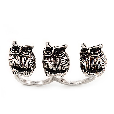 Vintage Triple Owl Two Finger Ring In Burn Silver Metal Size - Flex (Size 7/8) - main view