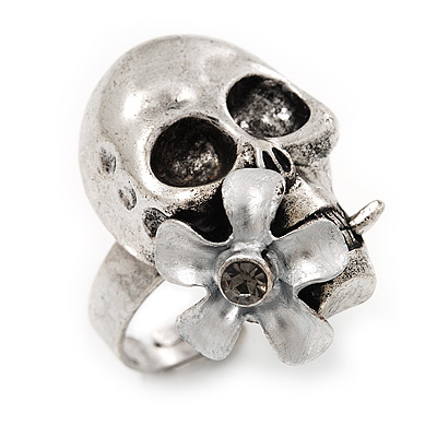 Vintage 'Skull & Flower' Ring In Burn Silver Metal (Adjustable Size 7/9) - 3cm Length - main view