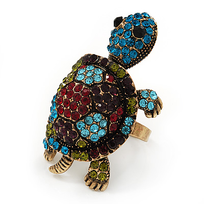 Large Multicoloured Crystal Turtle Ring In Burn Gold Metal - Adjustable - 5cm Length - main view