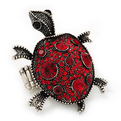 Ruby Red Coloured Crystal 'Turtle' Flex Ring In Burn Silver Metal - 5.5cm Length - (Size 7/9)