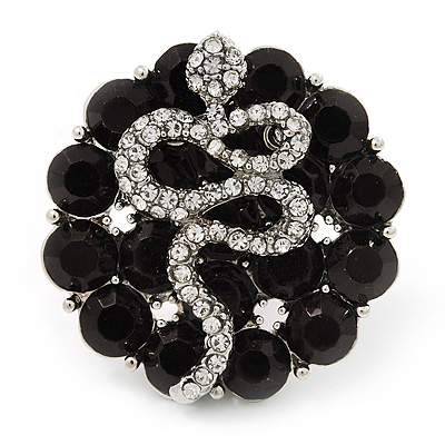 Crystal 'Snake' On Black 'Flower' Ring In Silver Finish - Adjustable - 3.3cm Diameter - main view