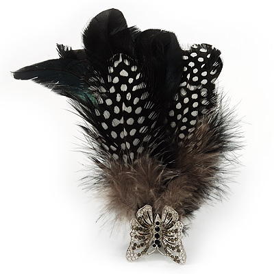 Oversized Black/White Feather 'Butterfly' Stretch Ring In Silver Plating - Adjustable - 14cm Length - main view