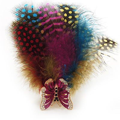 Oversized Multicoloured Feather 'Butterfly' Stretch Ring In Gold Plating - Adjustable - 9cm Length