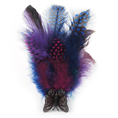 Oversized Purple/Violet/Magenta Feather 'Butterfly' Stretch Ring In Black Metal - Adjustable - 12cm Length