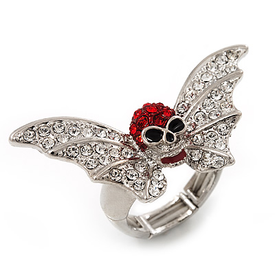 Clear/Red Diamante Flying Skull Stretch Ring In Silver Tone Metal - 4.5cm Length (Size 8/9)