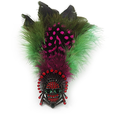 Oversized Green/Magenta/Red Feather 'Indian Skull' Stretch Ring In Silver Plating - Adjustable - 12cm Length - main view
