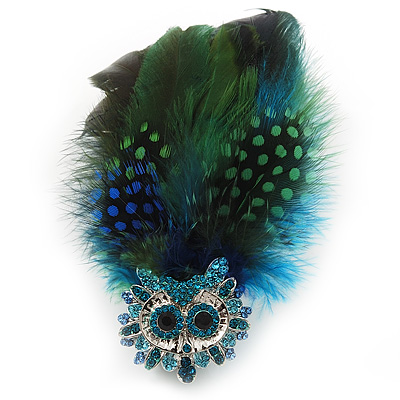 Oversized Green/Blue Feather 'Owl' Stretch Ring In Silver Plating - Adjustable - 13cm Length