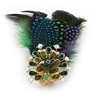 Oversized Green/Purple/Blue Feather 'Peacock' Stretch Ring In Gold Plating - Adjustable - 11cm Length - main view