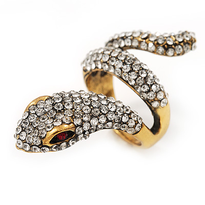 Clear Crystal 'Snake' Ring In Antique Gold Finish - 4.5cm Length - main view