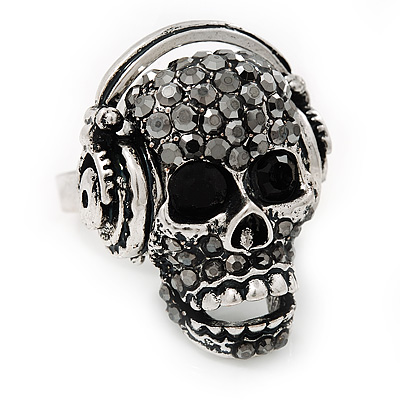 Black Crystal 'Skull Wearing Headphones' Ring In Burnt Silver Metal - Adjustable - 3cm Length - main view
