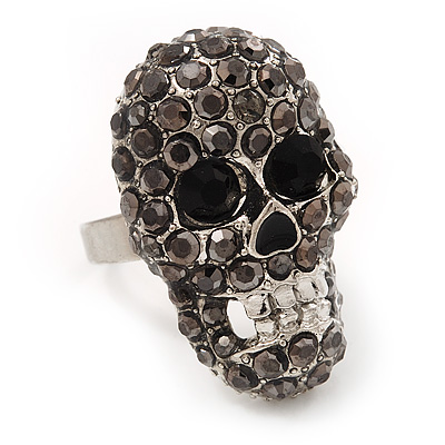 Dazzling Black Crystal Skull Ring In Rhodium Plating - Adjustable - 3cm Length - main view