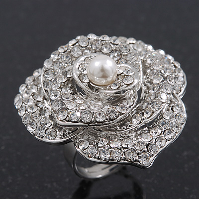 Large Clear Crystal 'Rose' Cocktail Ring In Rhodium Plating - Adjustable (Size 7/9) - 3.5cm Diameter - main view